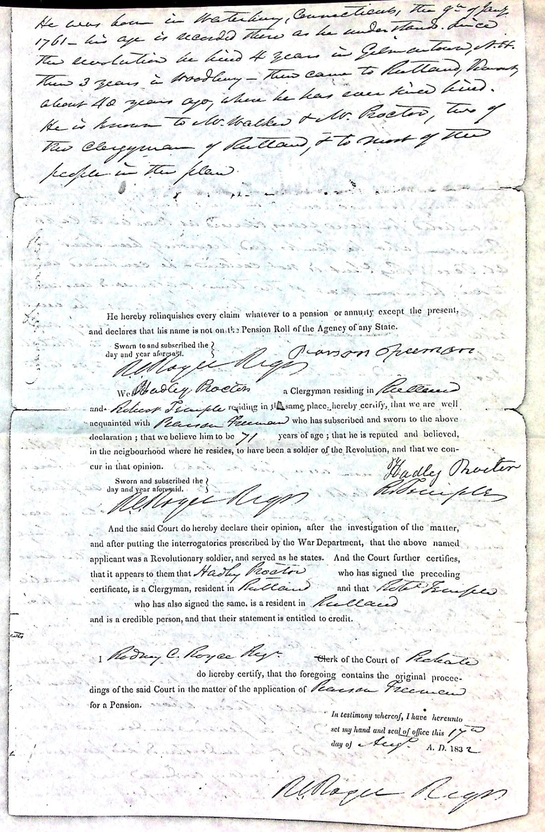 FREEMAN, Pearson (b. 1761 Conn. in slavery d. 1847 a freedman Rutland) Rev War pension app 1834 4